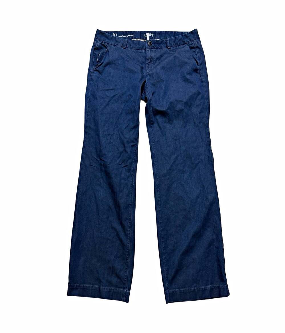 Ann Taylor LOFT Women’s Blue Solid Flat Front Dress Pants Cotton Blend Button